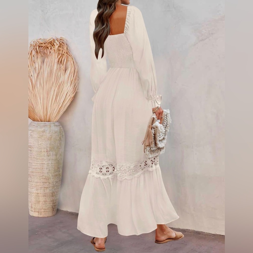 ZESICA Boho Long Sleeve Square Neck Smocked Maxi Dress ~Apricot~Size 4/6 ~ NWOT - Picture 7 of 16